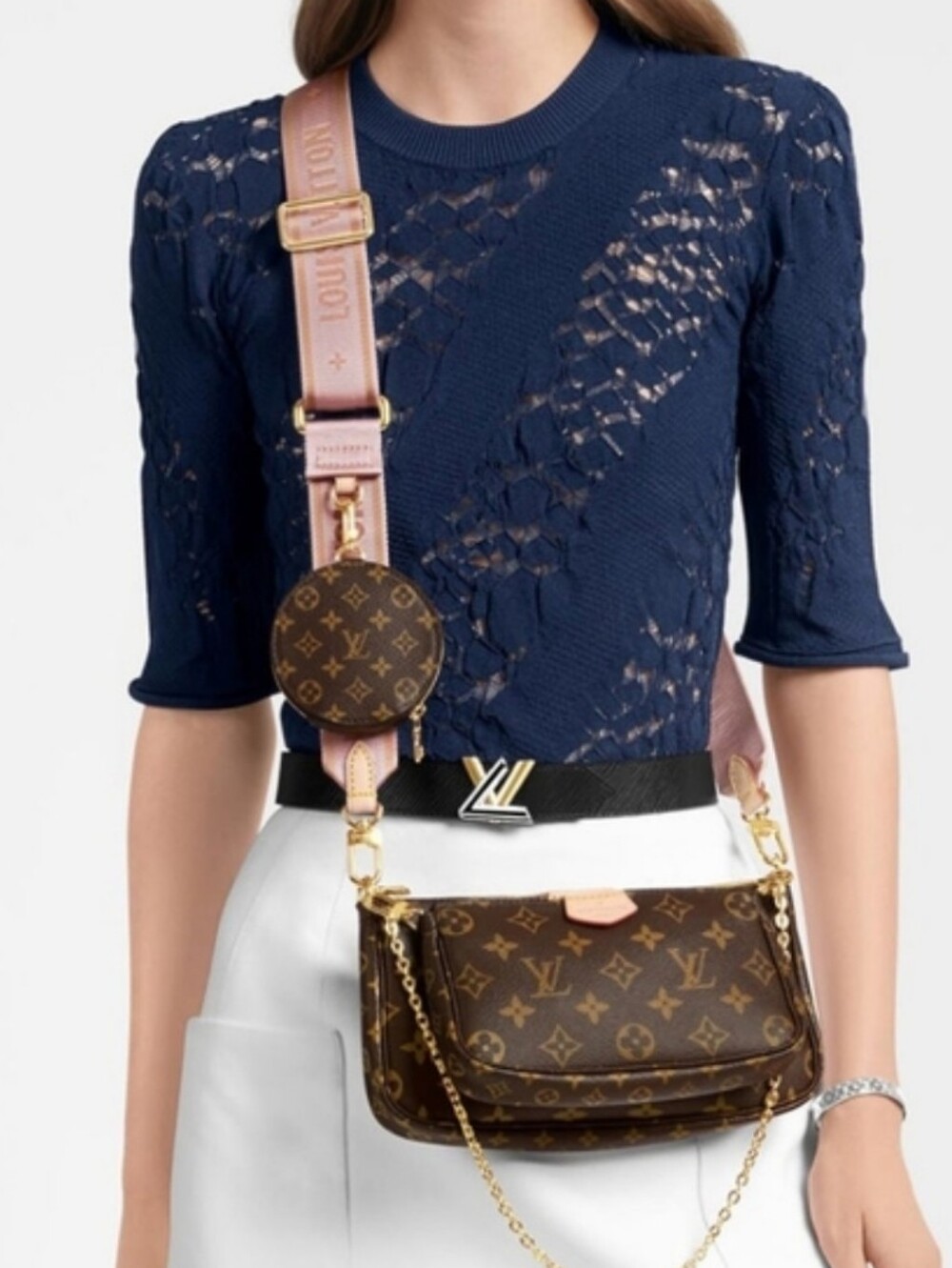 💓3 IN 1 Monogram Multi Pochette Accessory Crossbody Bag in Pink Strap